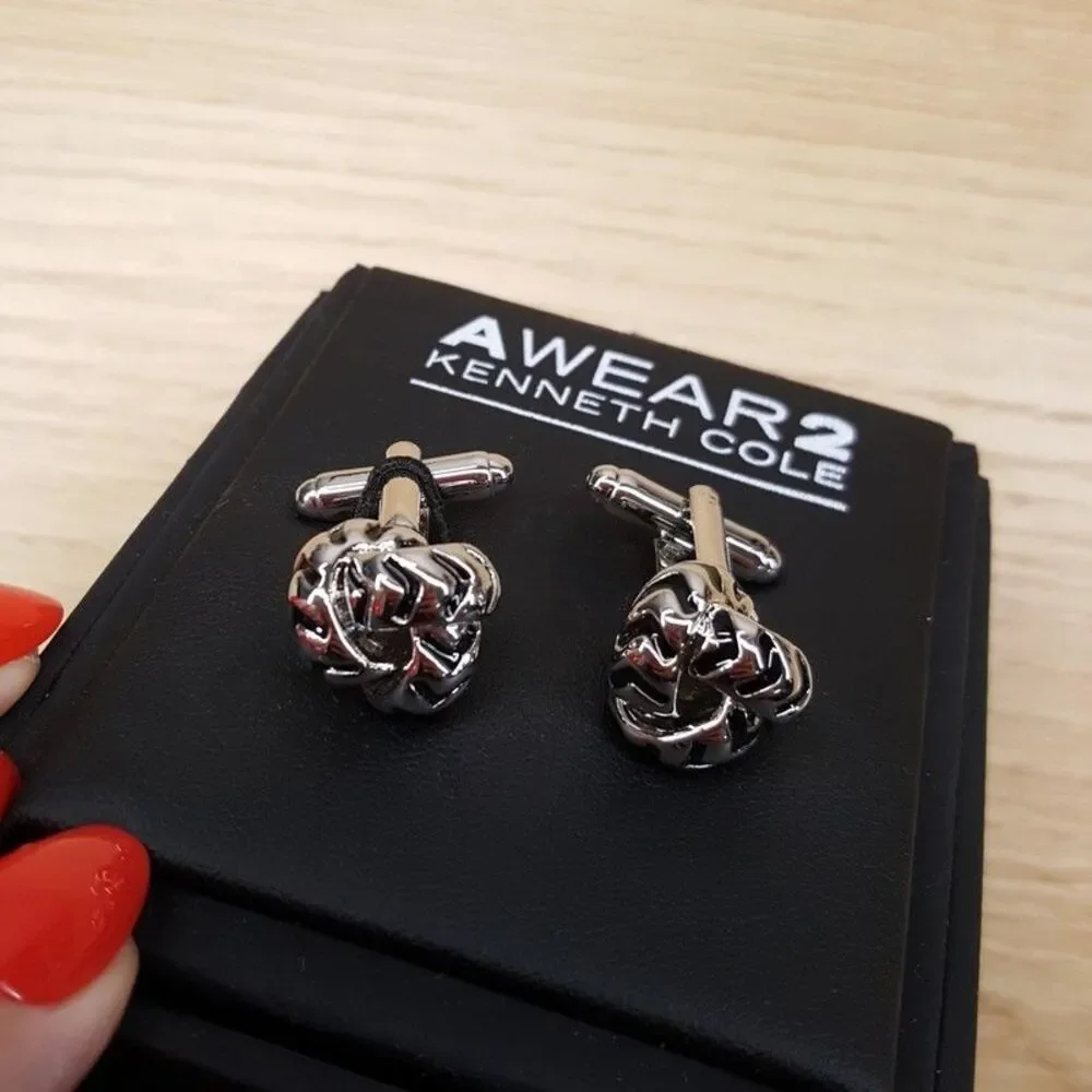 Kenneth Cole AWEAR2 Mens Cuff Links Silver Braided Round Knot